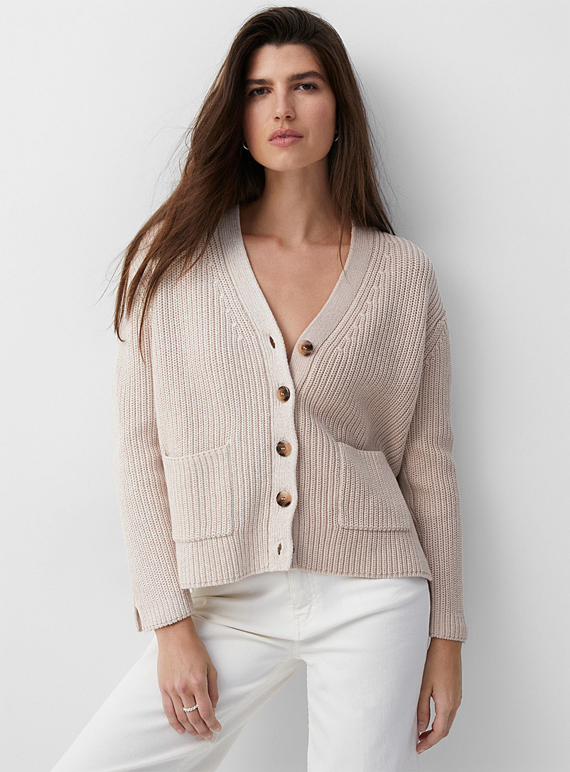 Line Cream Beige Two-tone ribbed cardigan for women