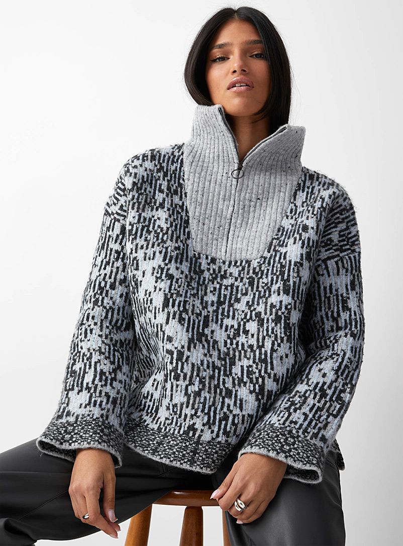 Icône Patterned Grey Zippered mock-neck oversized jacquard sweater for women
