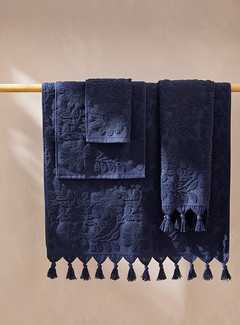 Simons Maison Navy/Midnight Blue Organic cotton floral jacquard towels