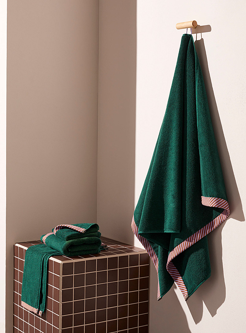 Simons Maison Green Candy-striped trim organic cotton towels