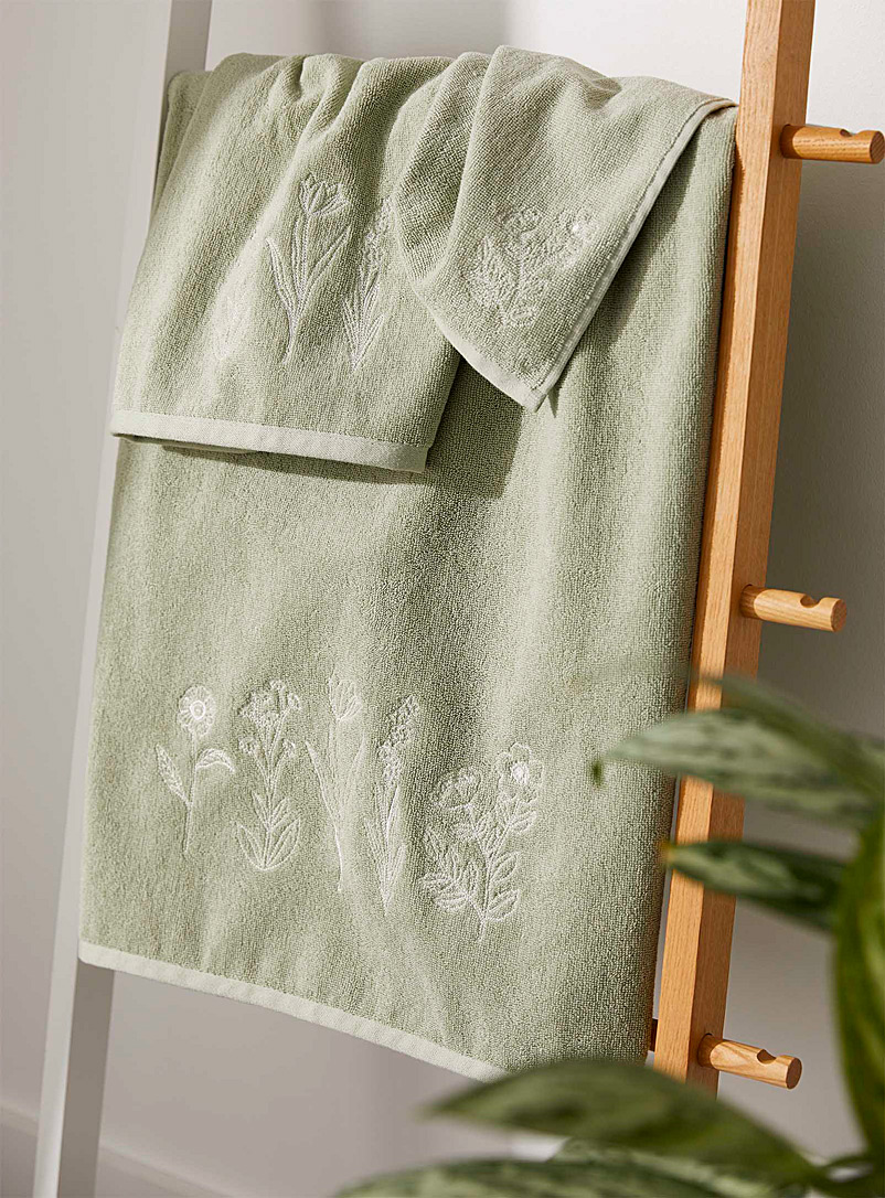 Simons Maison: Les serviettes coton bio fleurs brodées Vert pâle-lime