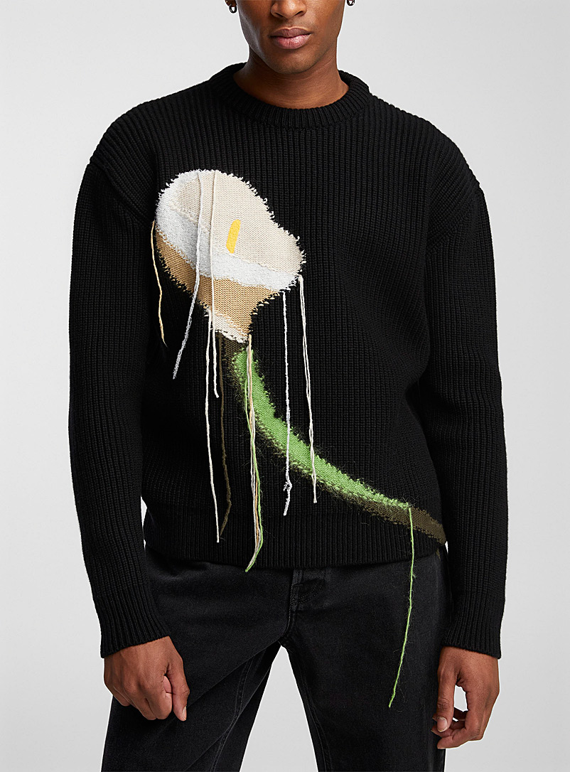 Lanvin Black Textured intarsia flower sweater for men