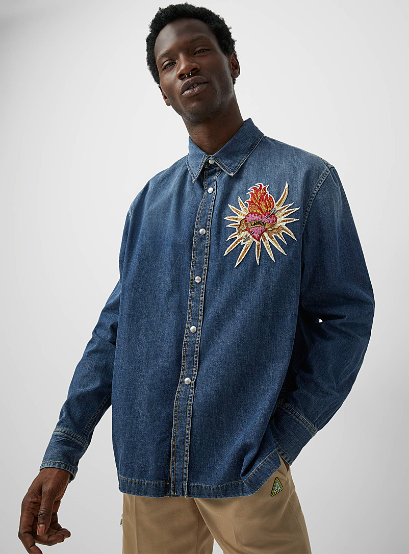 Lanvin Marine Blue Sacred heart embroidered denim shirt for men