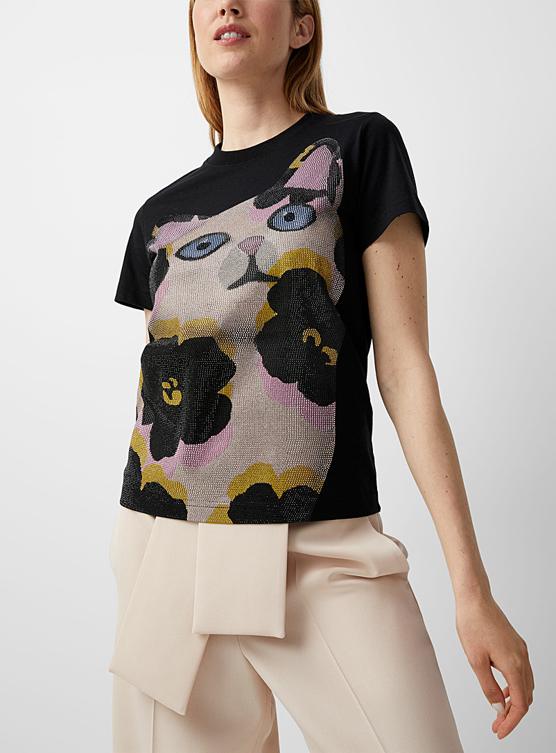 Lanvin Black Crystal cat T-shirt for women