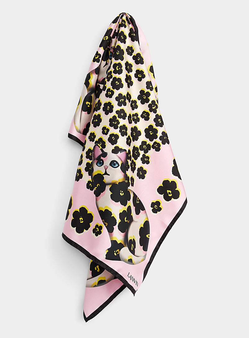 Lanvin Pink Flowers and cats silk scarf for women