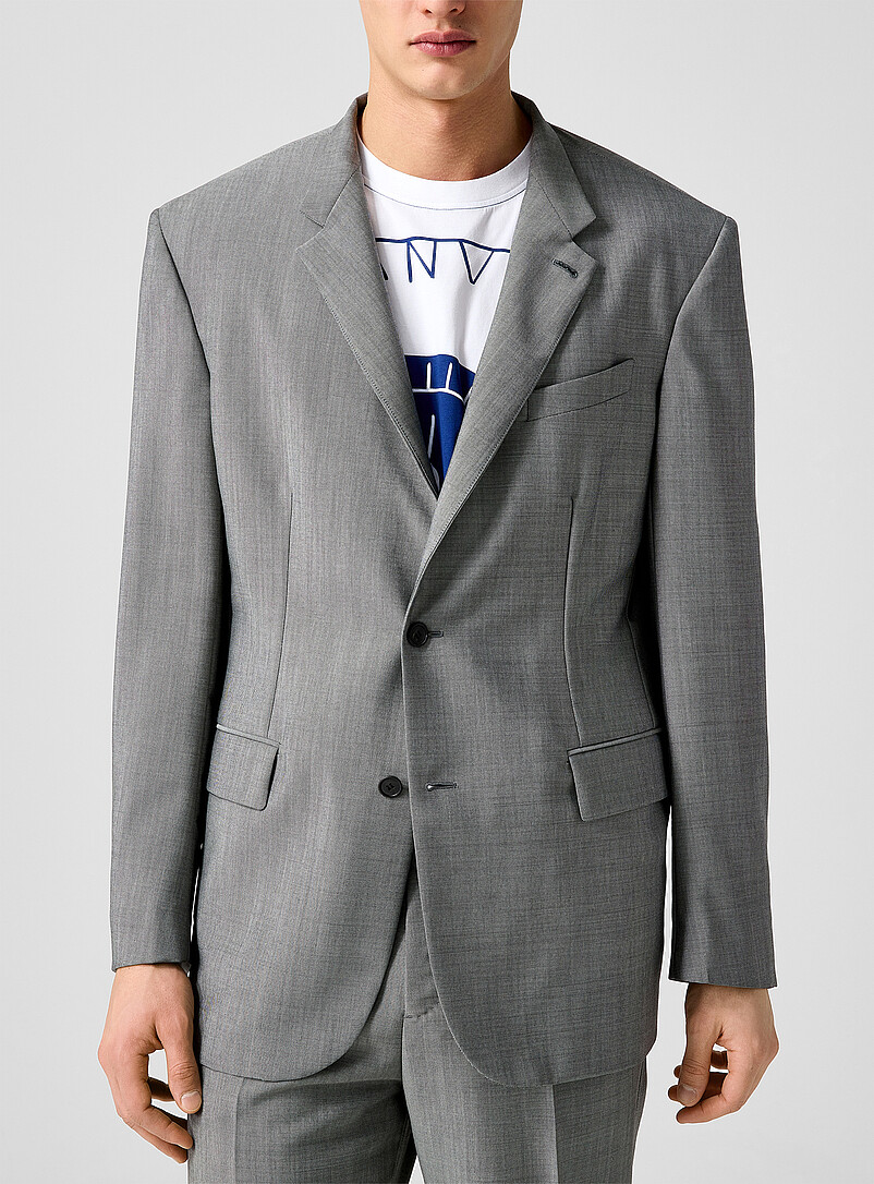 Grey Officer Collar Faux-Plain Suit Jacket