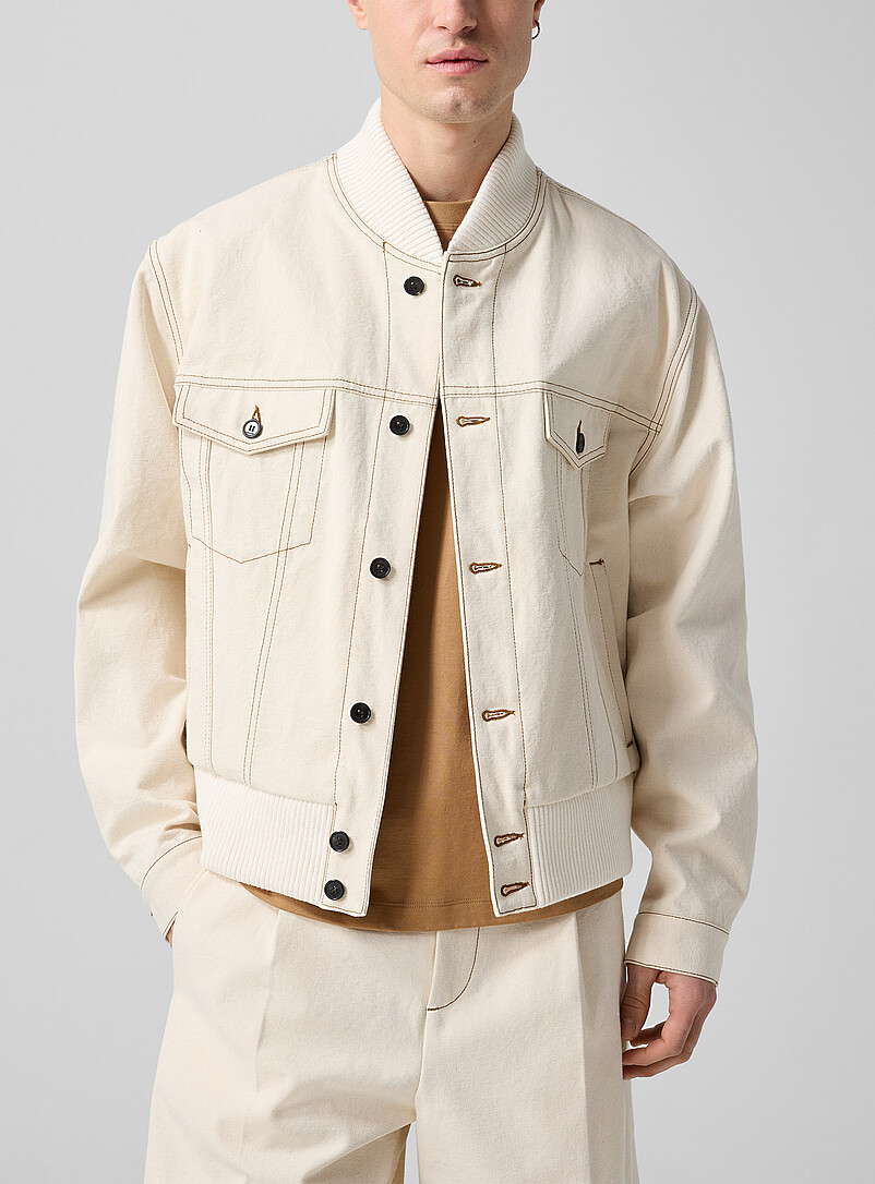 Contrasting Stitching Ivory Bomber