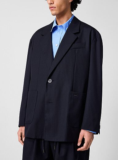Wooyoungmi: Le veston ample rayures banquier Bleu marine - Bleu nuit pour homme