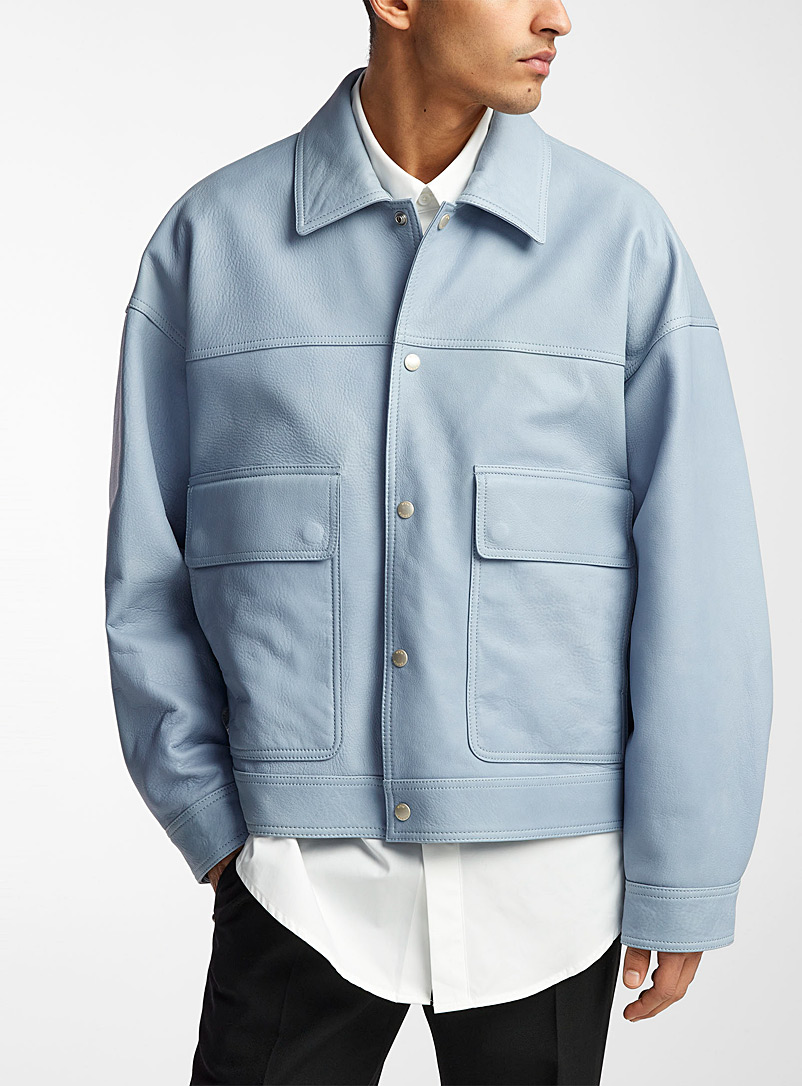 Wooyoungmi: La veste cuir bleue coupe carrée Bleu pâle - Bleu ciel pour homme
