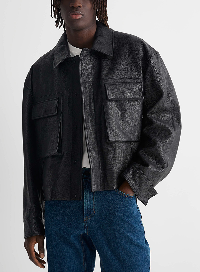 Wooyoungmi: La veste cuir coupe carrée Noir pour homme