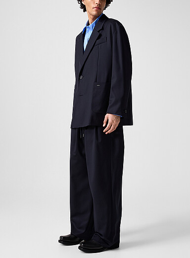 Wooyoungmi: Le pantalon fluide rayures banquier taille cordon Bleu marine - Bleu nuit pour homme