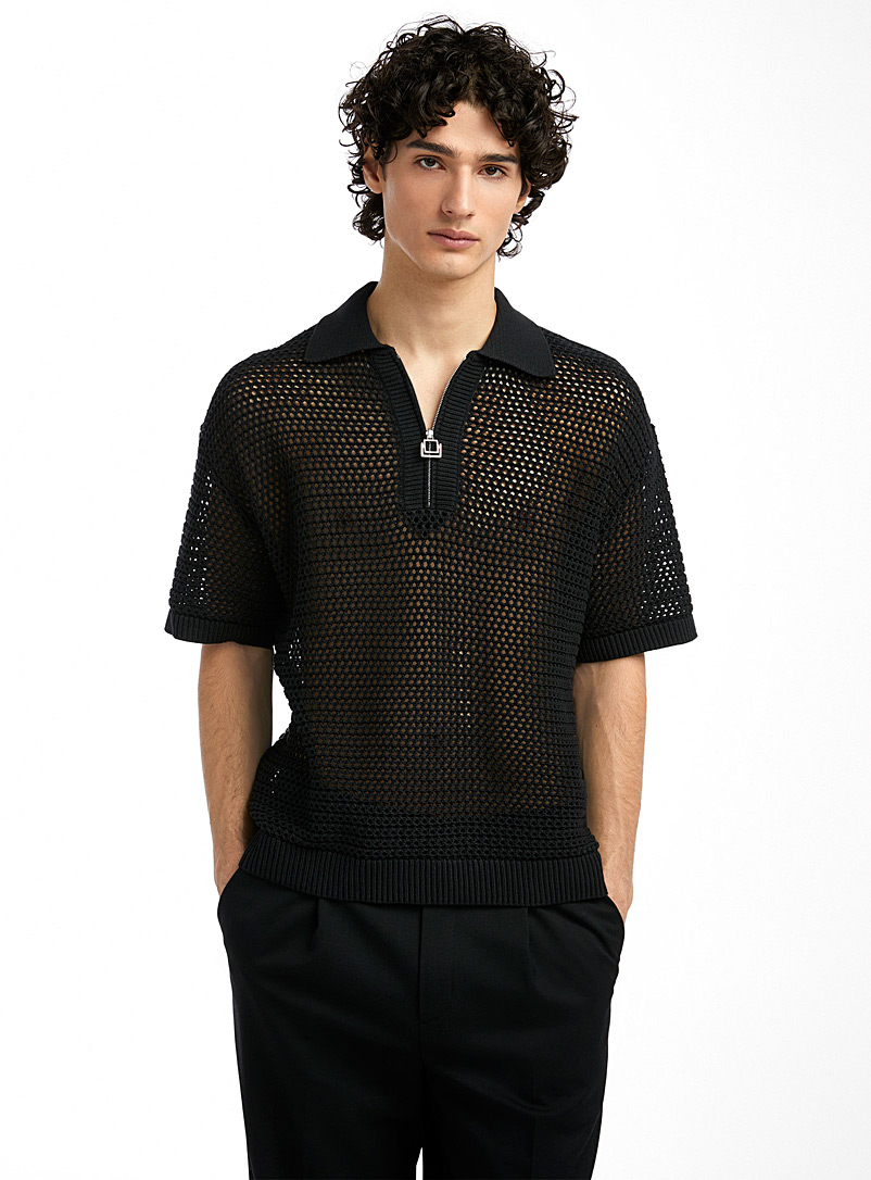 Wooyoungmi Black Openwork fabric zippered polo shirt for men