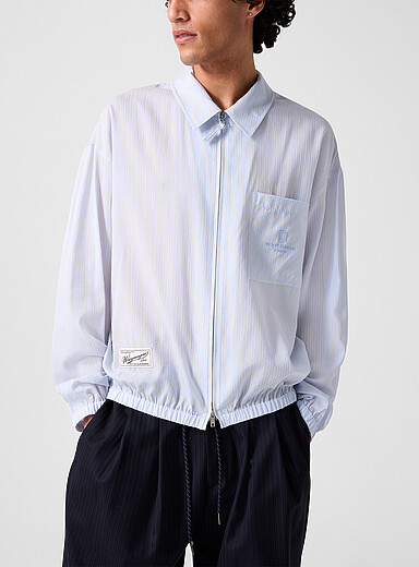 Wooyoungmi: Le blouson chemise zipp&eacute; &agrave; rayures Bleu p&acirc;le - Bleu ciel pour homme