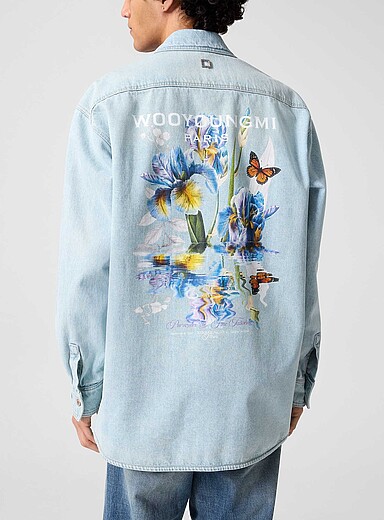 Wooyoungmi Baby Blue Floral print washed denim overshirt for men