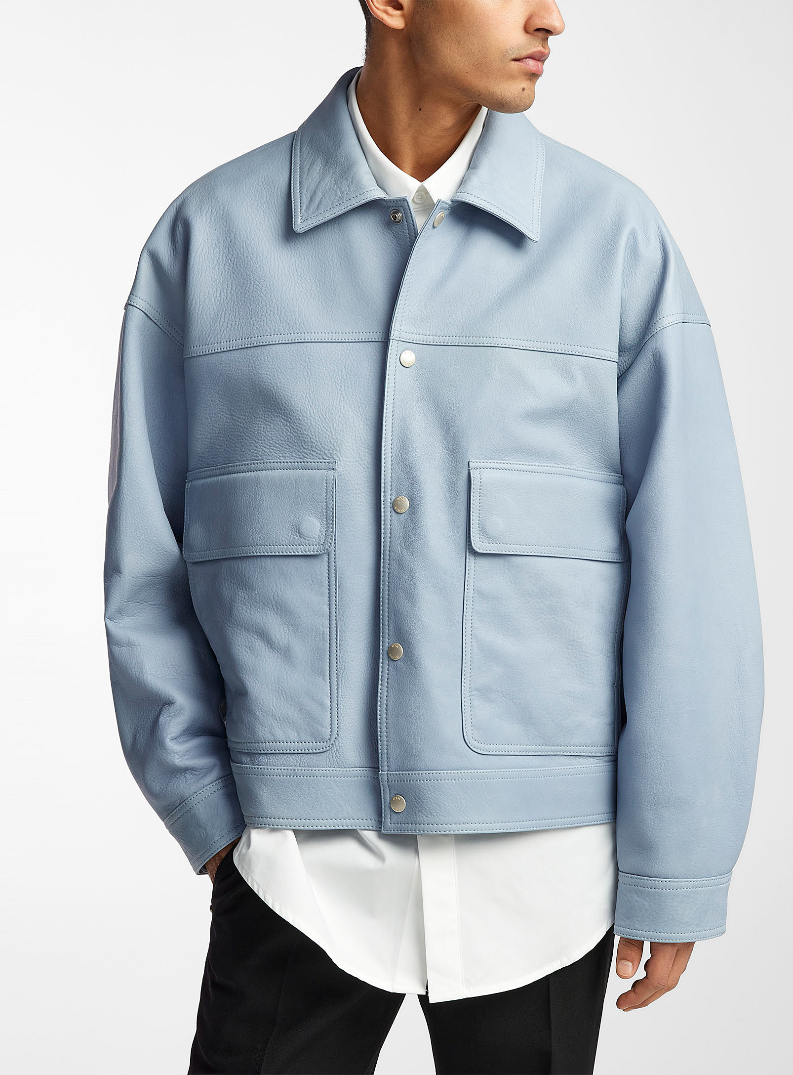Wooyoungmi Blue Boxy-fit Leather Jacket In Baby Blue