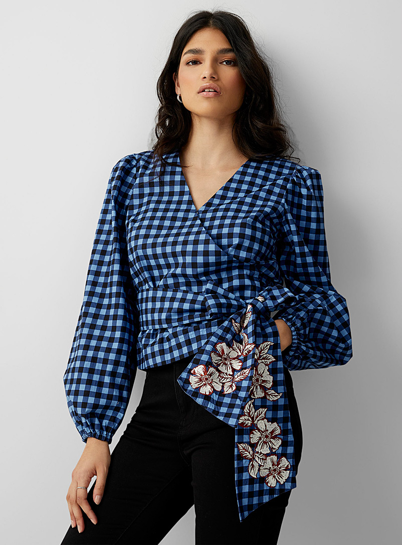 Scotch & Soda Blue Gingham and flowers criss-cross blouse for women