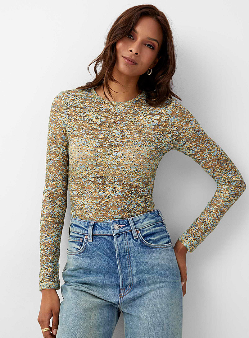Scotch & Soda Patterned Yellow Flowery lace long-sleeve T-shirt for women