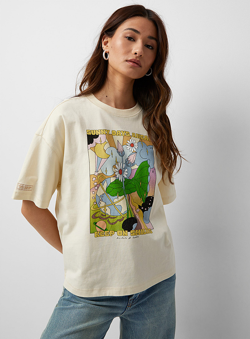 Scotch & Soda Patterned Ecru Bright illustration loose T-shirt for women