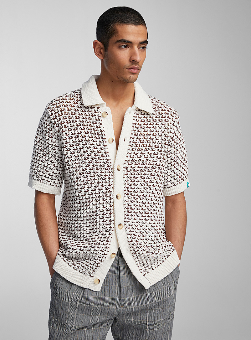 Two-tone openwork knit shirt