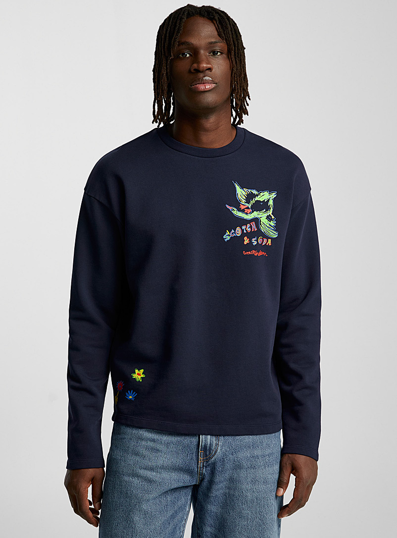 Scotch & Soda Navy/Midnight Blue Colourful bird sweatshirt for men