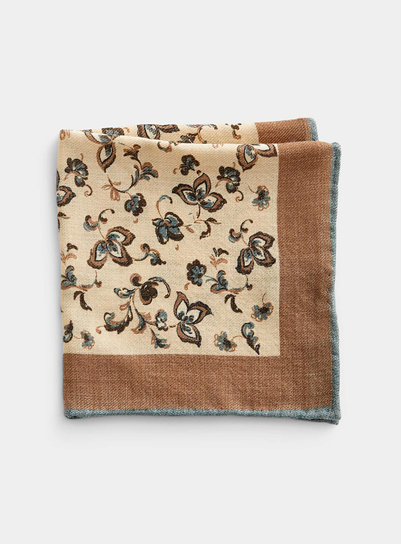 Blick Cream Beige Wool and cashmere floral pocket square for men