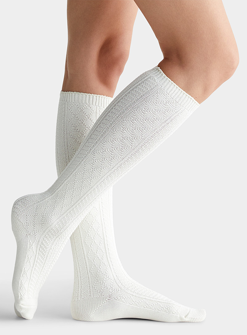 Hue Ivory White Twisted cable knee-highs for women