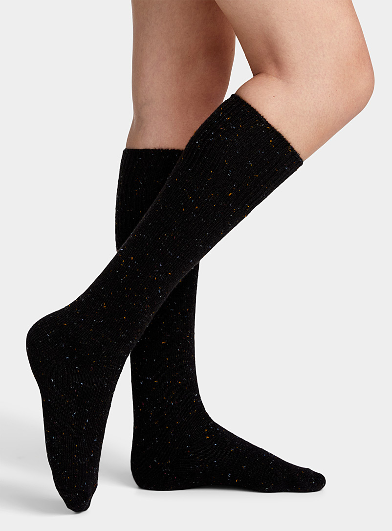 Hue Black Flecked-knit cuffed knee-highs for women