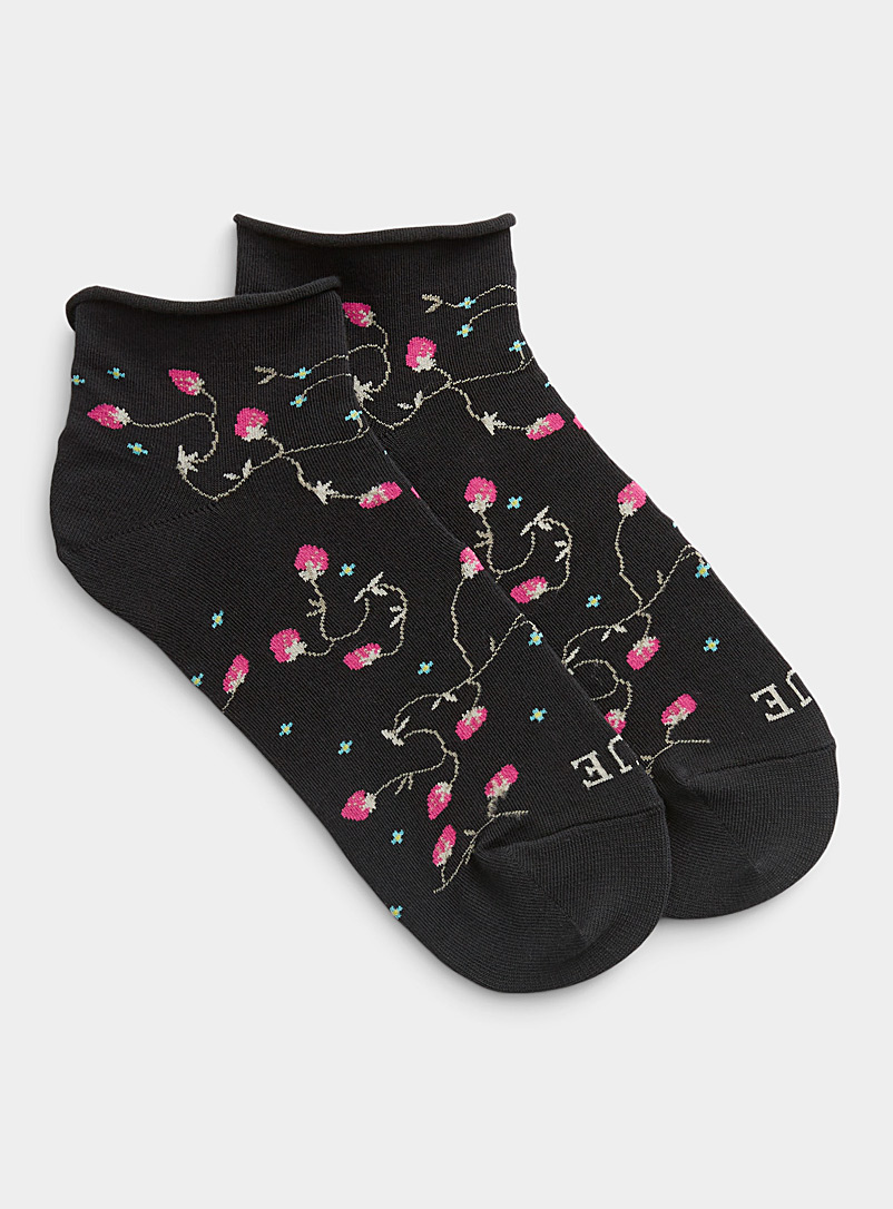 Hue Patterned Black Rolled-hem short sock for women