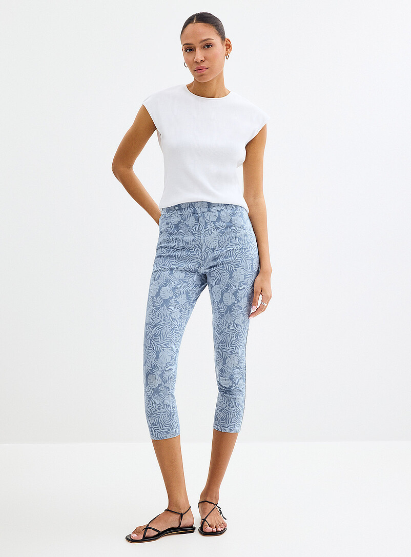 Blue foliage stretch denim capri legging product image (primary)