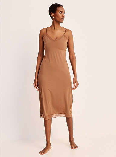 Montelle Brown Mesh edging long slip dress for women