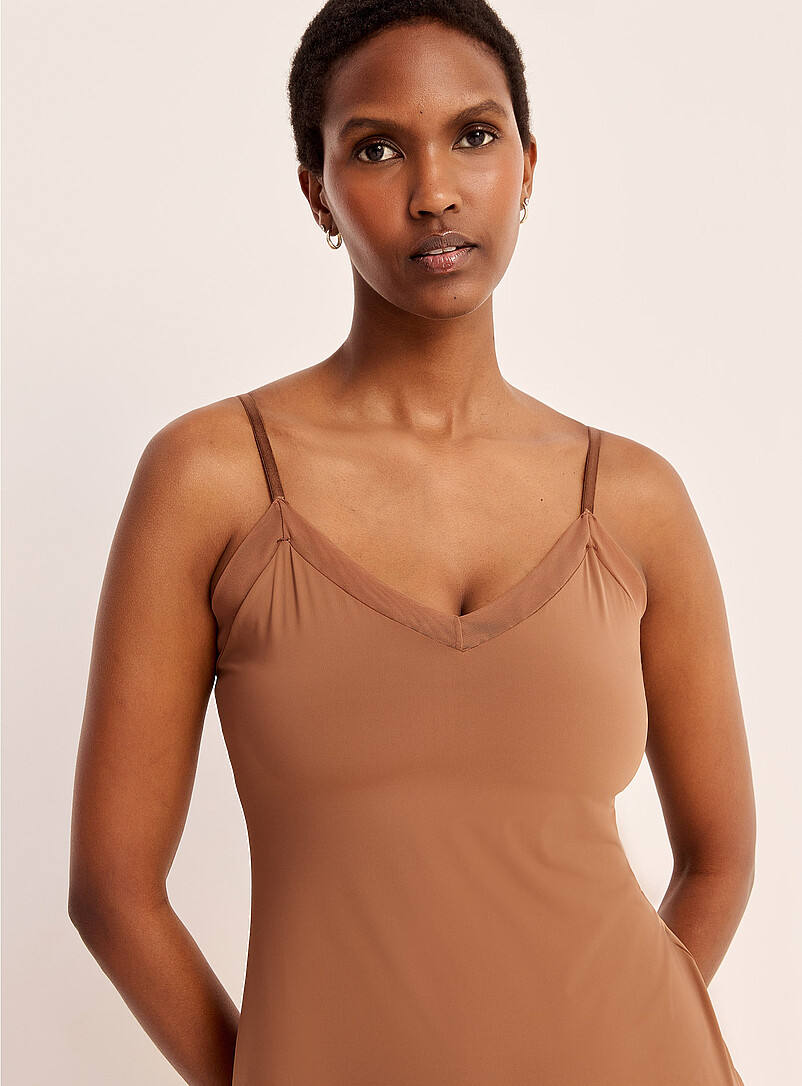 Montelle Beige Mesh edging long slip dress for women