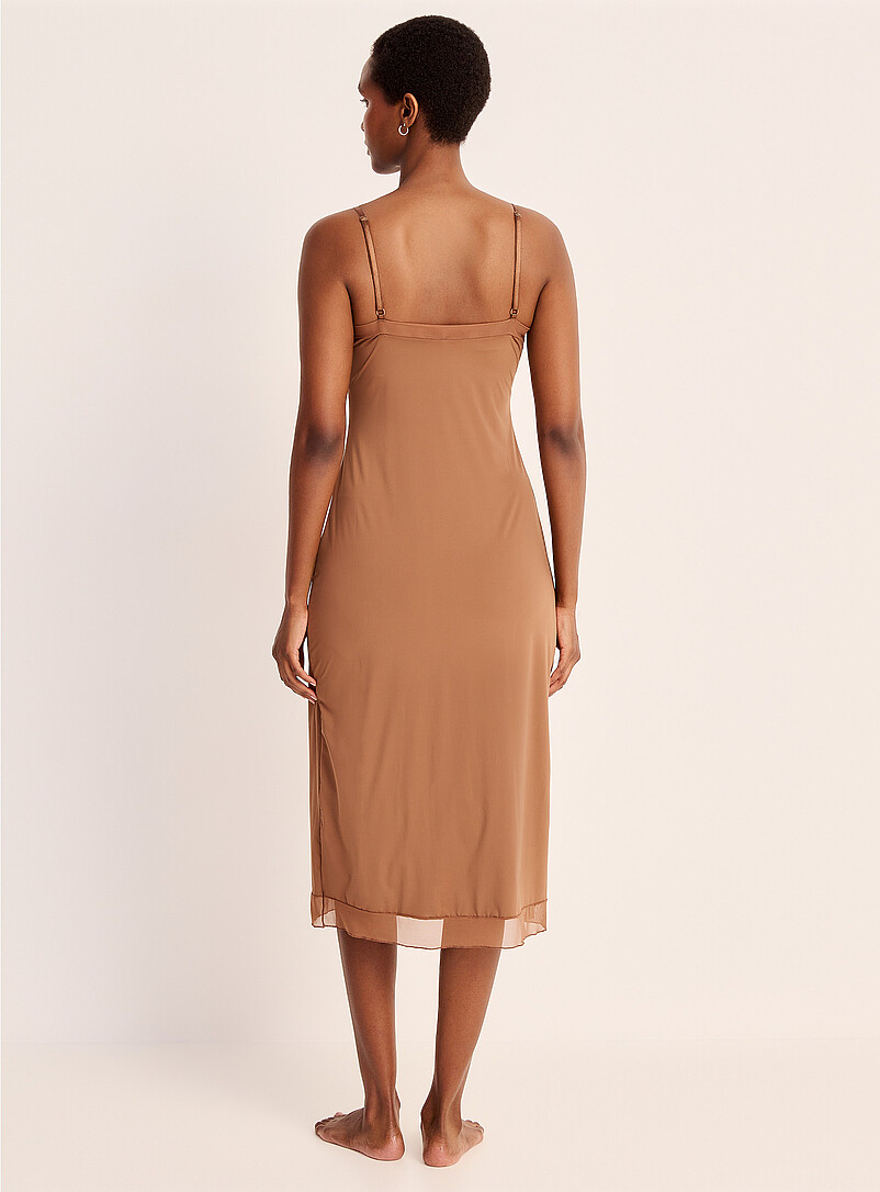 Montelle Beige Mesh edging long slip dress for women