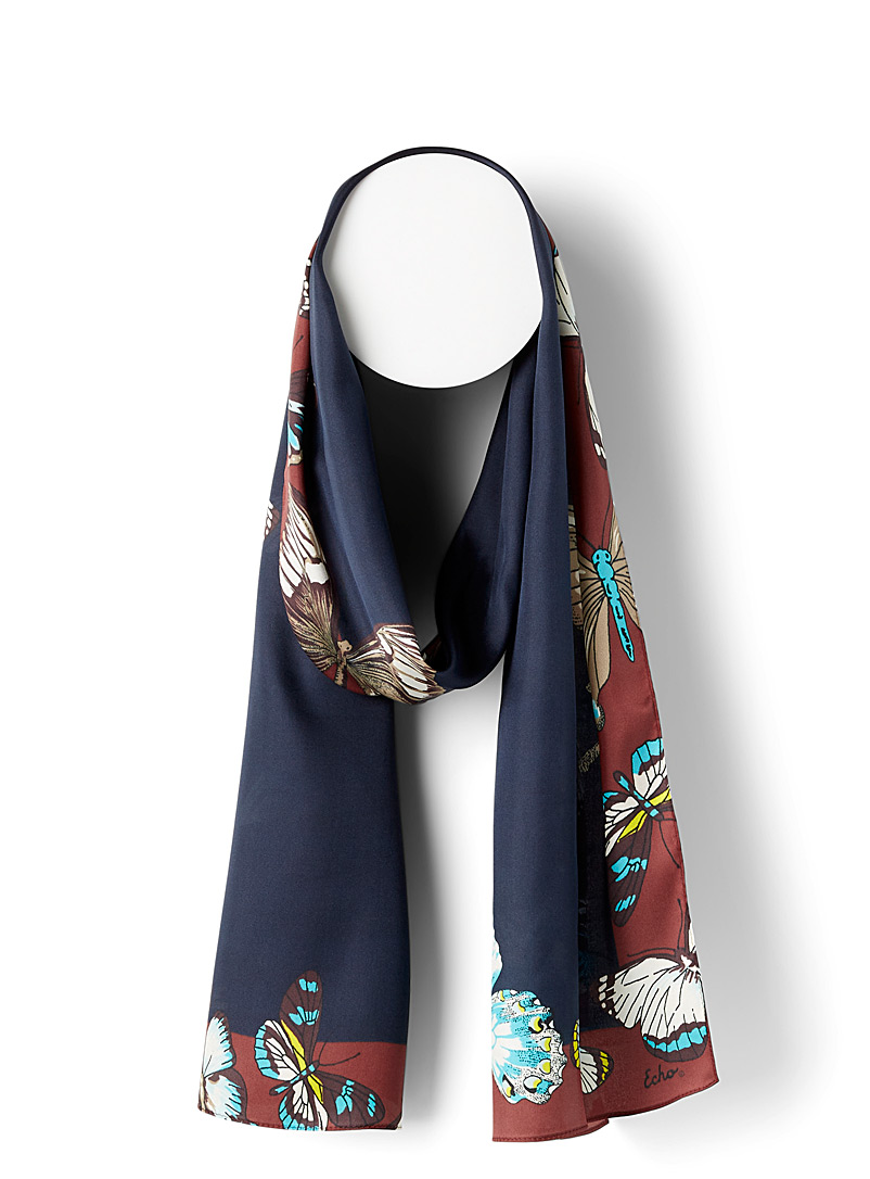 Echo Design: L'écharpe de soie fine papillons Bleu à motifs pour femme