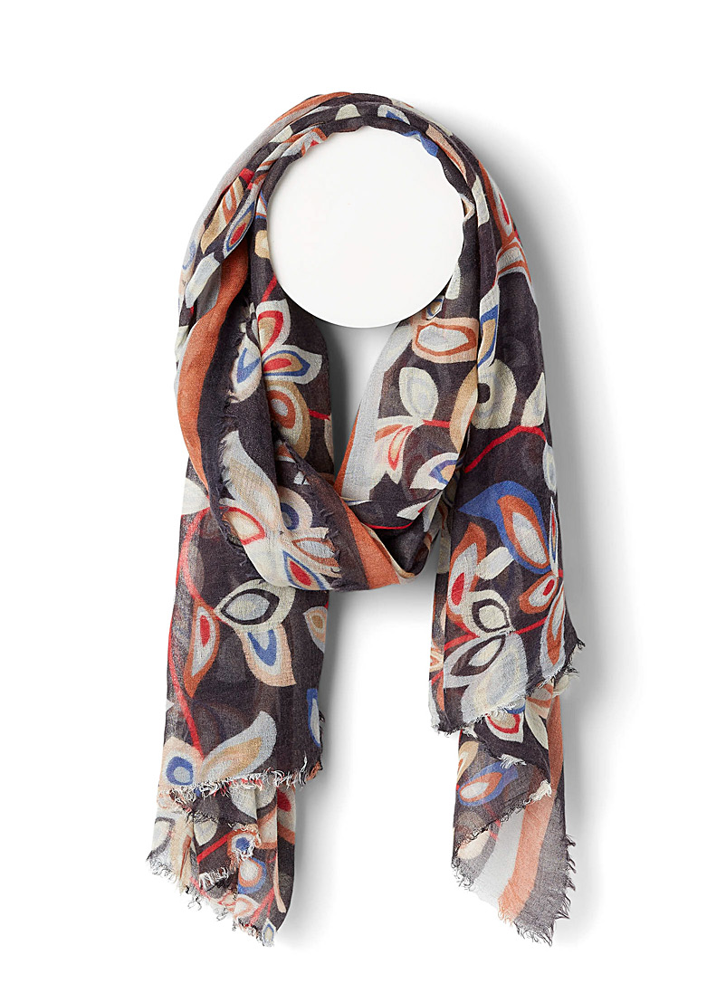 Echo Design Patterned Black Lightweight wool floral scarf for women