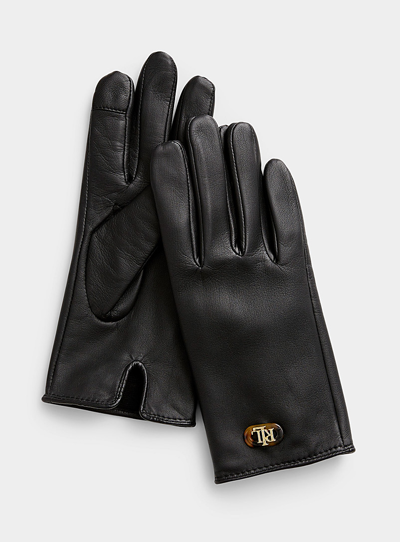 Lauren par Ralph Lauren Black Flecked logo leather gloves for women