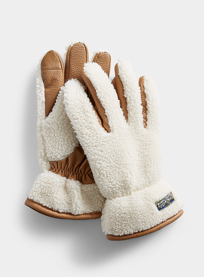 Polo Ralph Lauren Cream Beige High-pile fleece and leather gloves for men