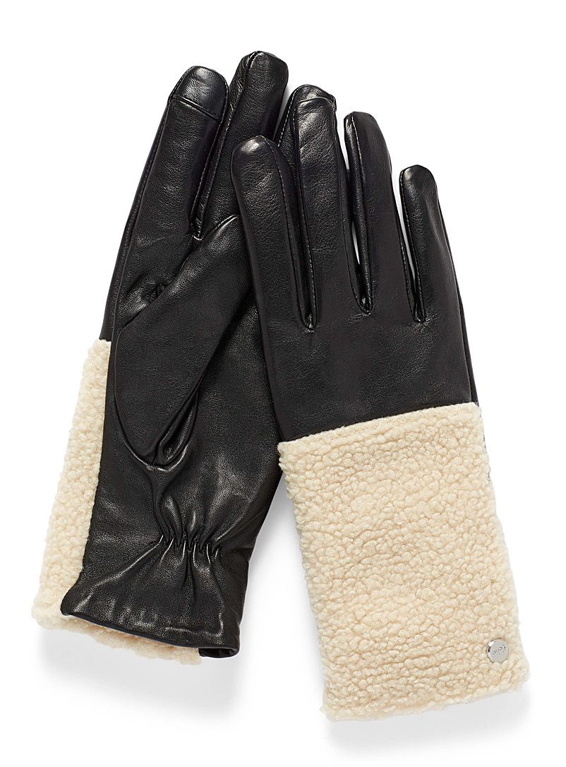 Echo Design Black Mixed media leather and fleece gloves for women