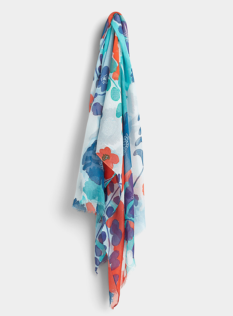 Echo Design: L'écharpe légère floraison aquarelle Bleu à motifs pour femme