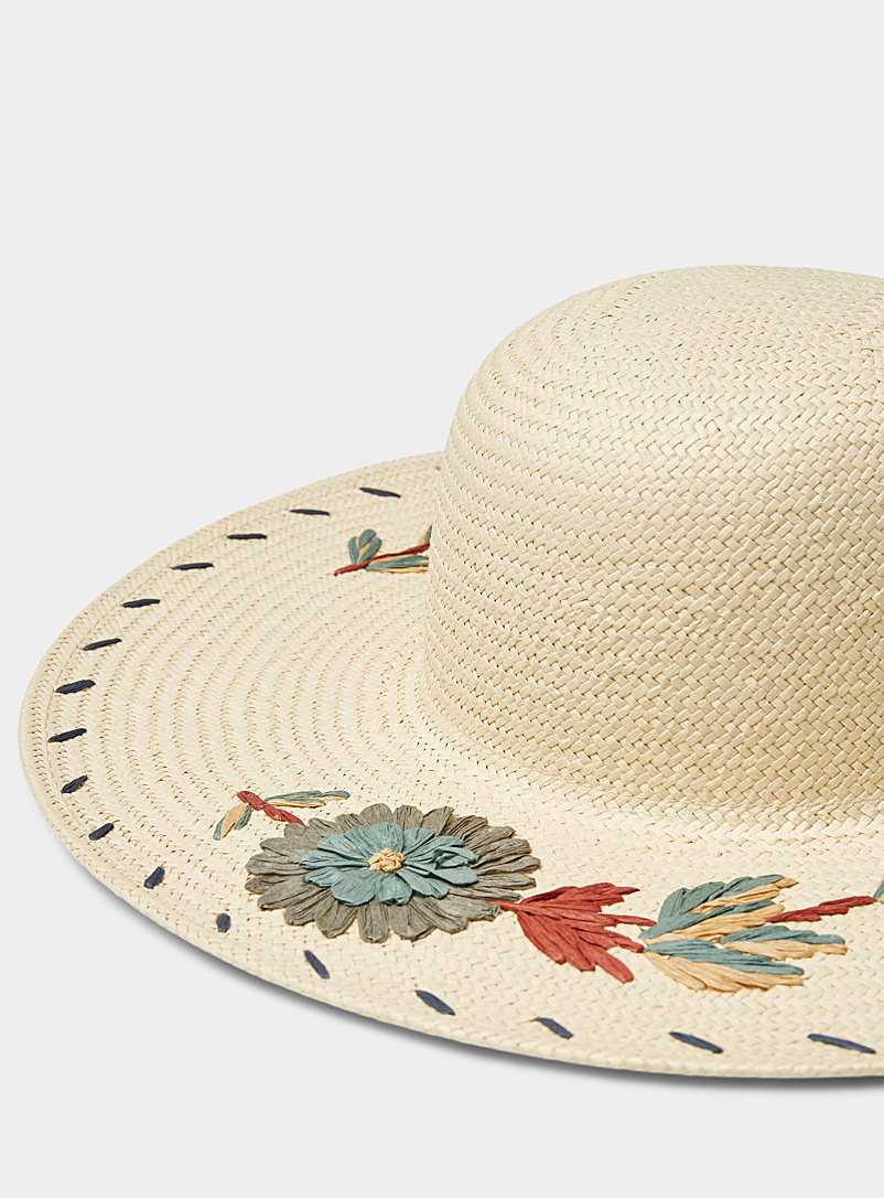 Lauren par Ralph Lauren Ivory/Cream Beige Floral embroidery straw hat for women