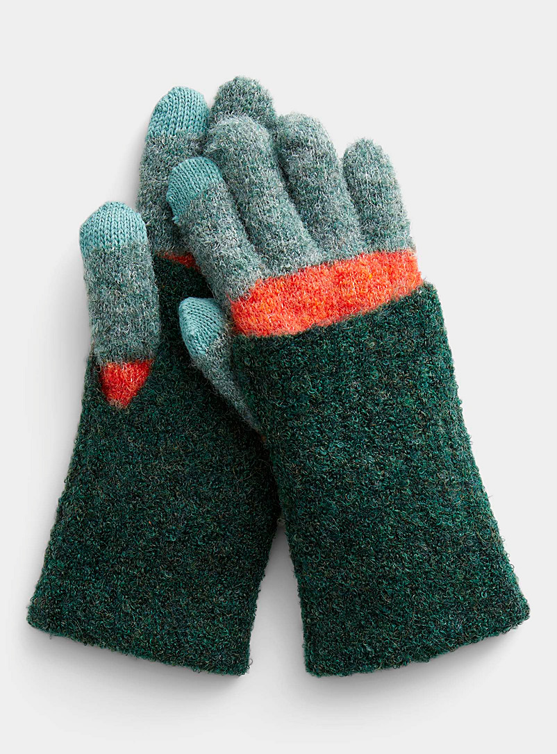 Echo Design Patterned Green Bouclé-knit wrist-warmer gloves for women