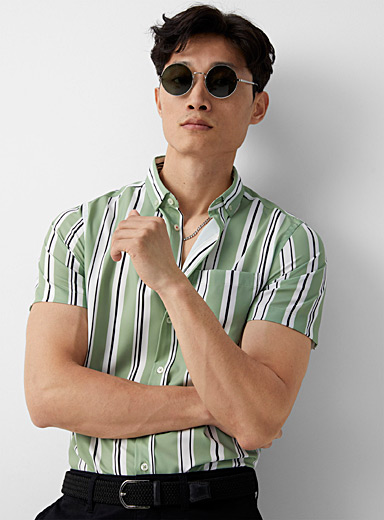Report Collection Patterned Green Soft vertical stripe shirt Comfort fit for men