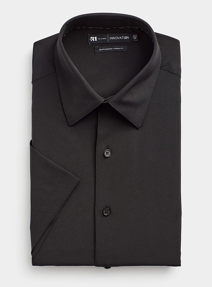 Le 31 Black Short-sleeve fluid solid shirt Modern fit <b>Innovation collection</b> for men