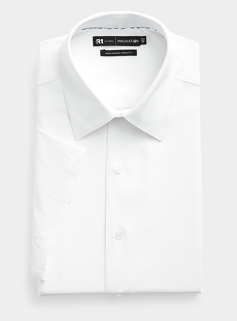 Le 31 White Short-sleeve fluid plain shirt Modern fit <b>Innovation collection</b> for men