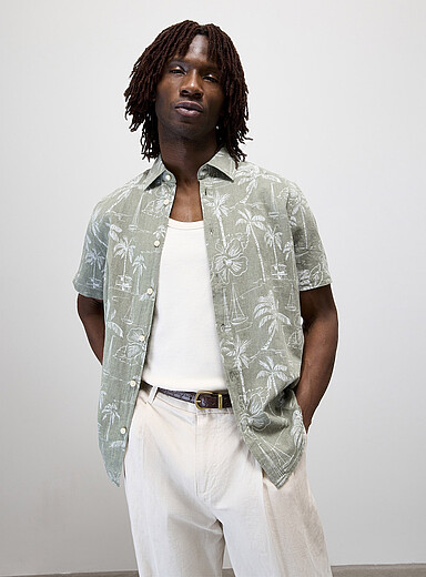 Report Collection Green Tropical pattern cotton-linen shirt <b>Regular fit</b> for men