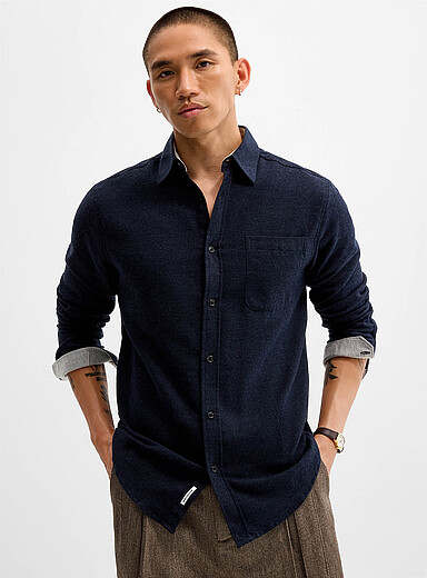 Report Collection Navy/Midnight Blue Heathered flannel shirt <b>Regular fit</b> for men