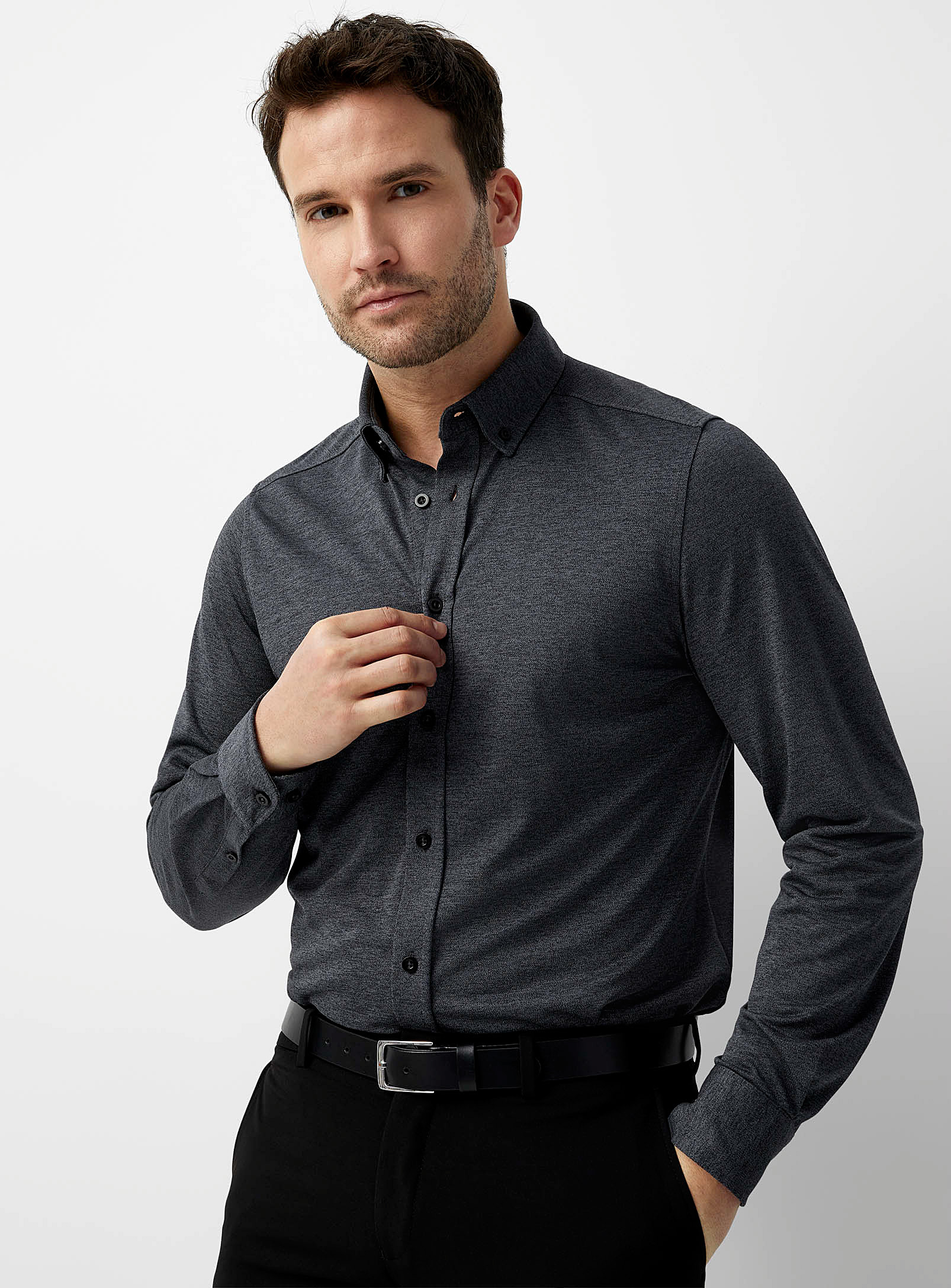 Report Collection Piqué Knit Fluid Shirt Slim Fit In Black