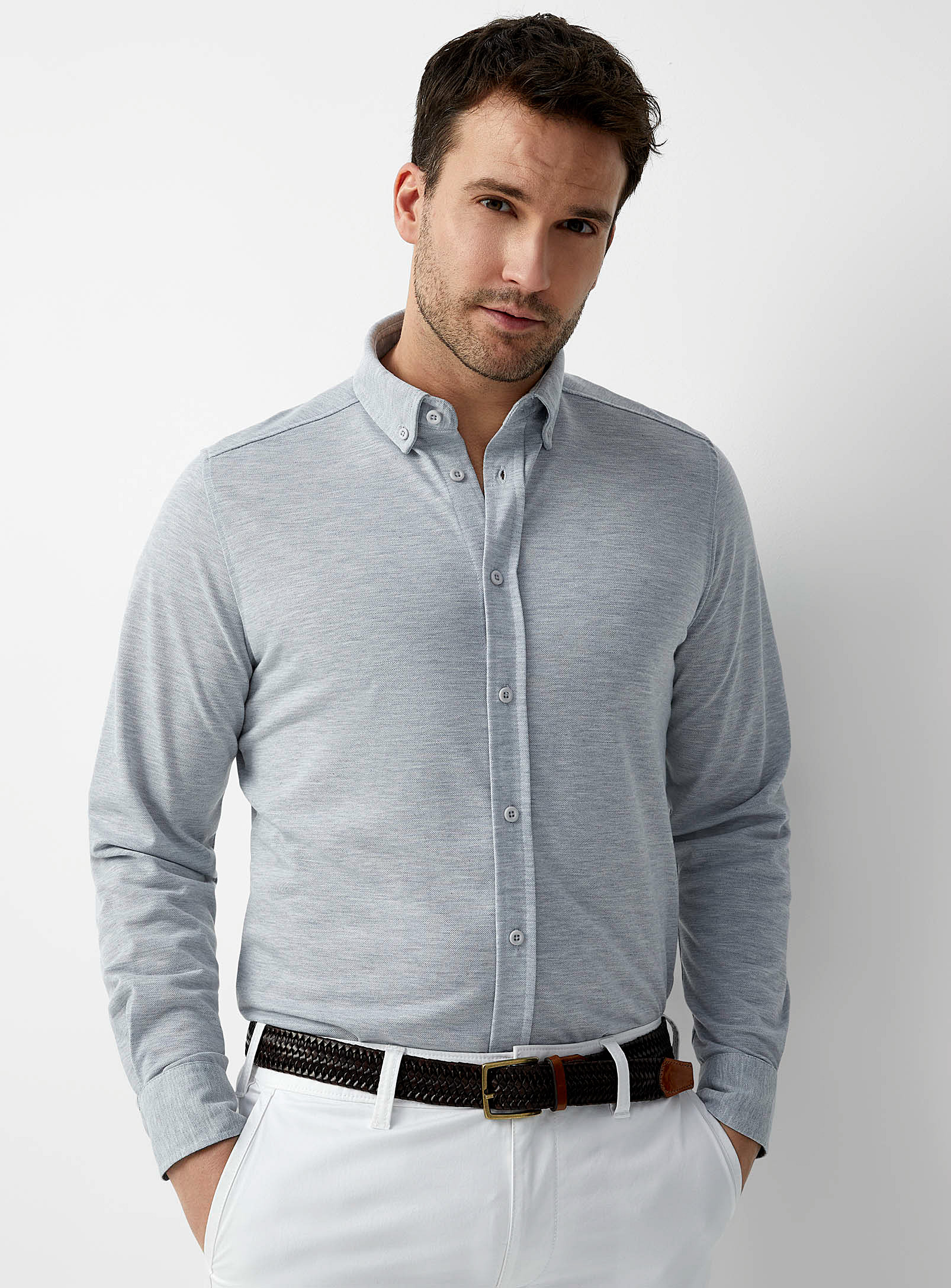 Report Collection Piqué Knit Fluid Shirt Slim Fit In Grey
