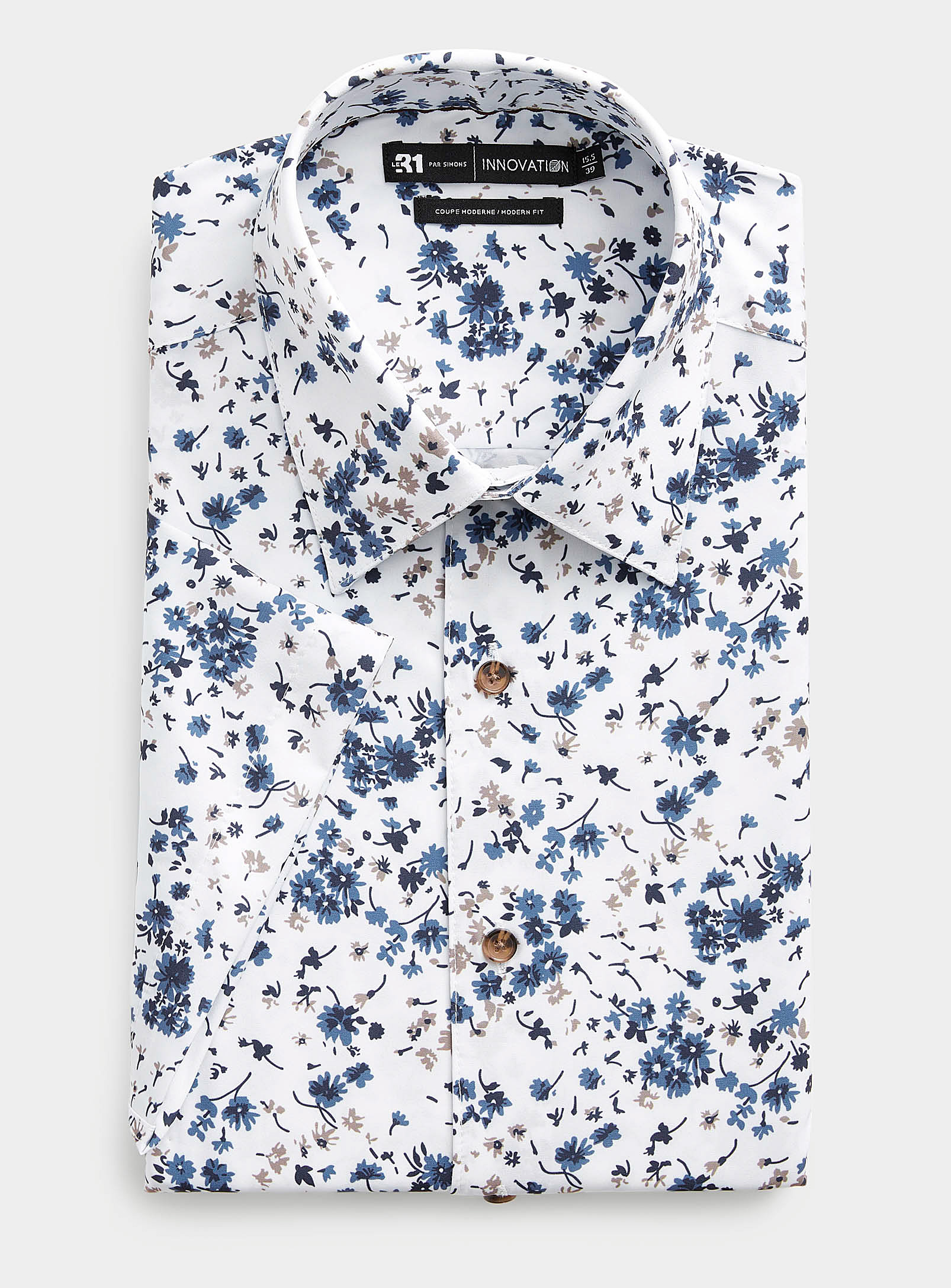 Le 31 Short-sleeve Fluid Floral Shirt Modern Fit Innovation Collection In Patterned White