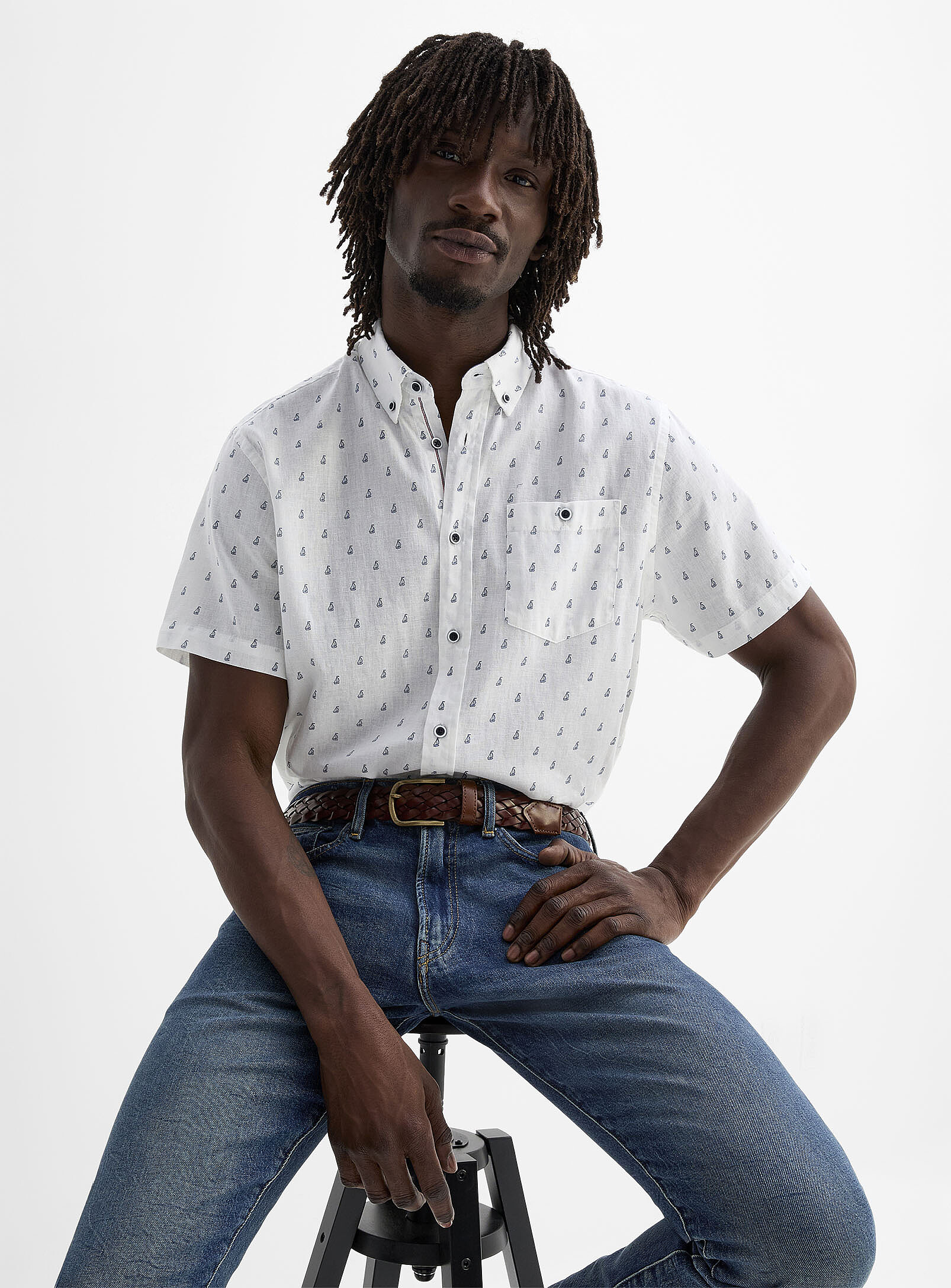 Le 31 - Cotton-linen little sailboats shirt (Men, White, MEDIUM)
