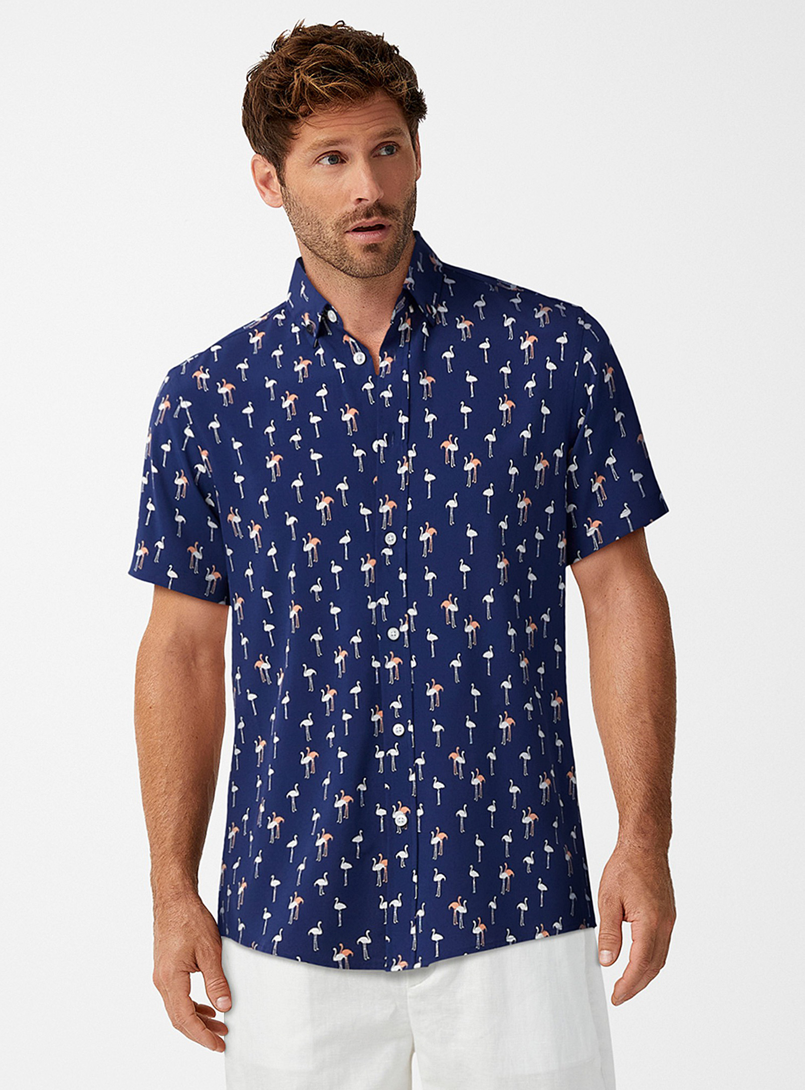 Report Collection Soft Exotic Flamingo Shirt In Marine Blue